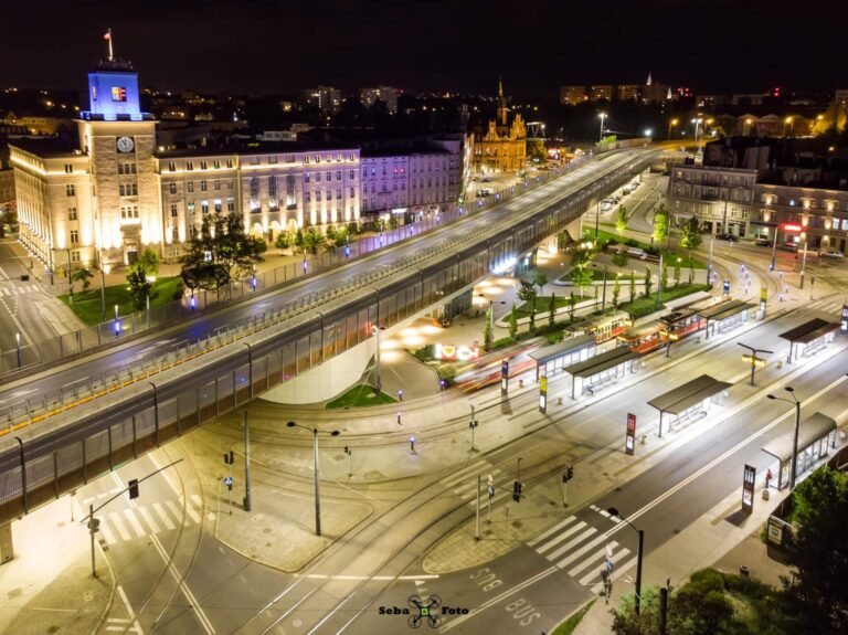 chorzów centrum, rynek, estakada z lotu ptaka